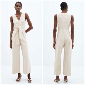 MNG Mango Beige Tie Front Jumpsuit Wide Leg Neutral Resort Sleeveless Medium